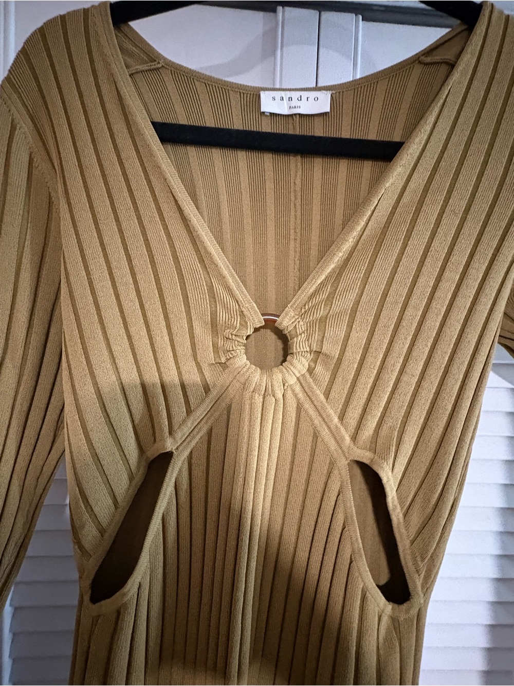 Sandro Ribbed Cutout Knit Dress in Olive green